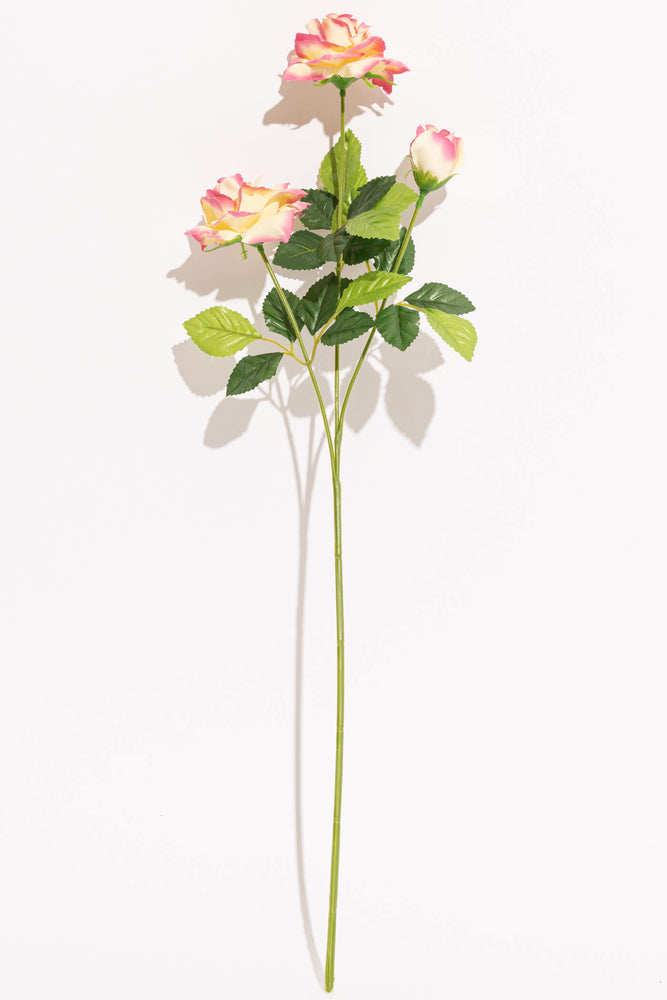 Artificial Bell Rose Pink Yellow Stem 3 Branches